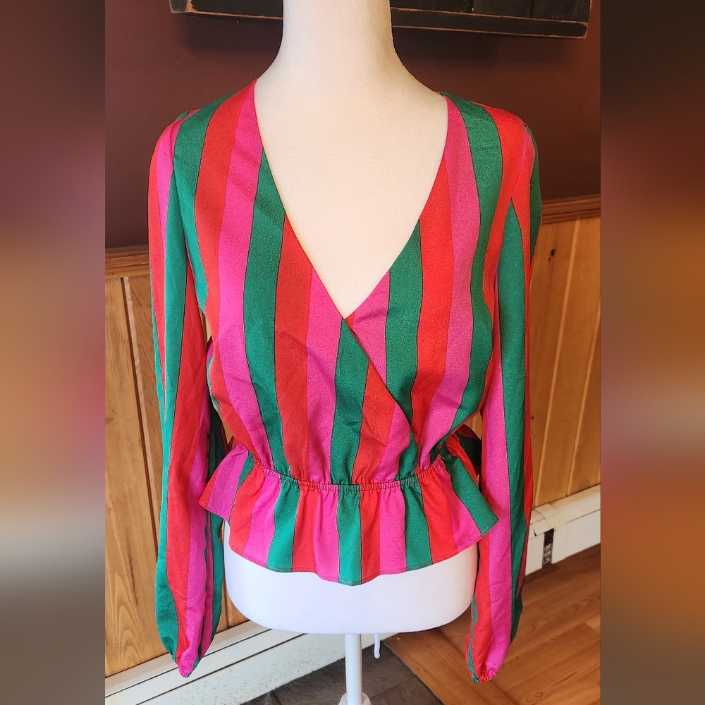 Show Me Your Mumu Colorful Wrap Blouse Pink Green Striped Size XS